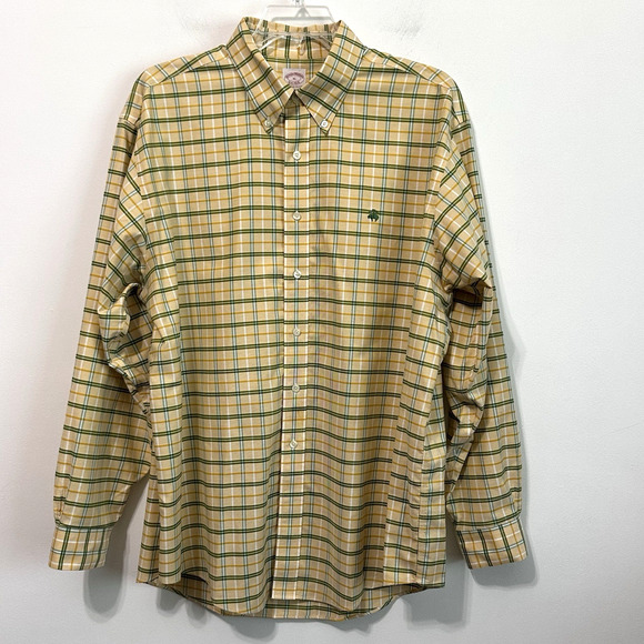 Brooks Brothers Regular Fit Shirt XL Yellow Plaid Non Iron Supima Cotton FLAW - Picture 1 of 9